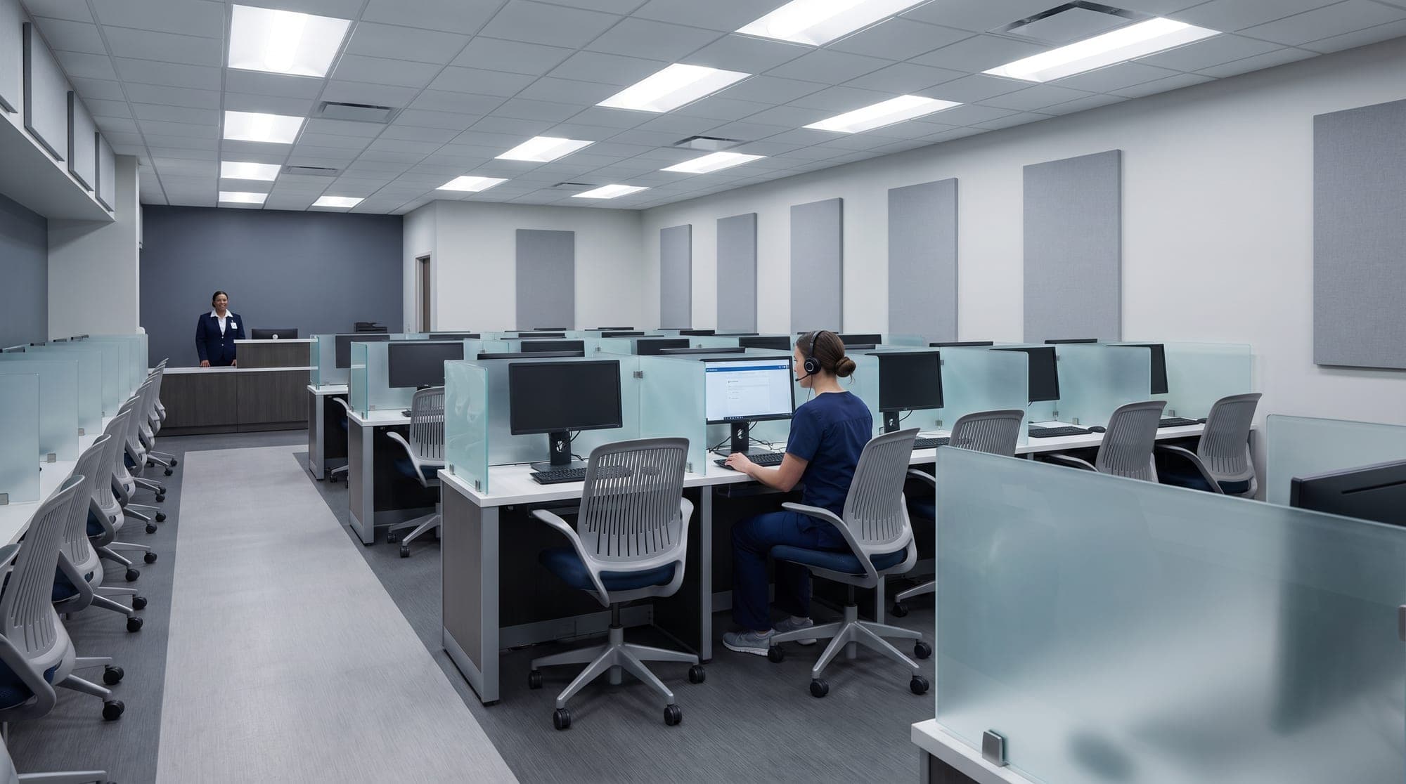 Inside a professional proctored testing center workstation.