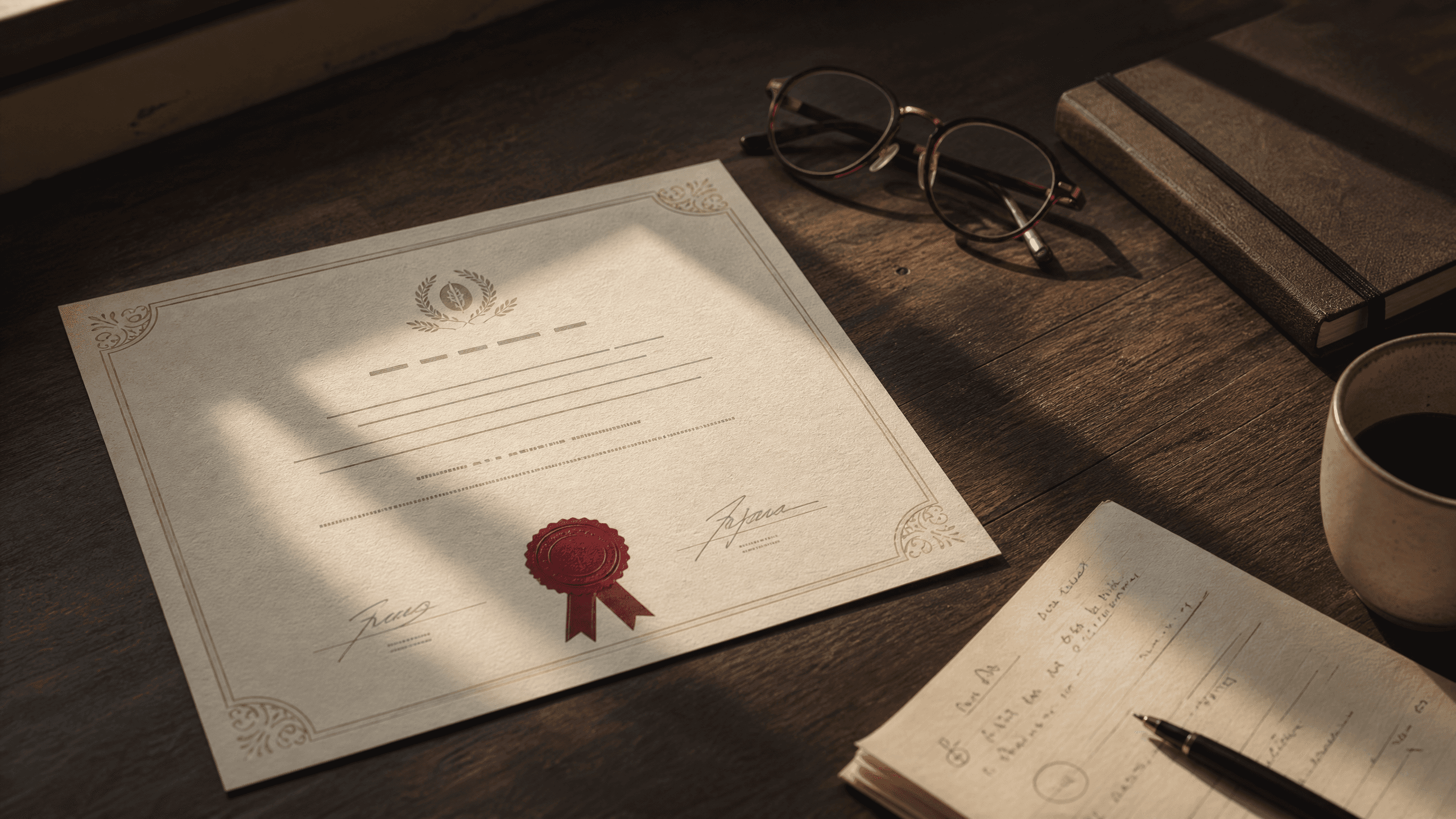 Framed certificate resting on a wooden desk