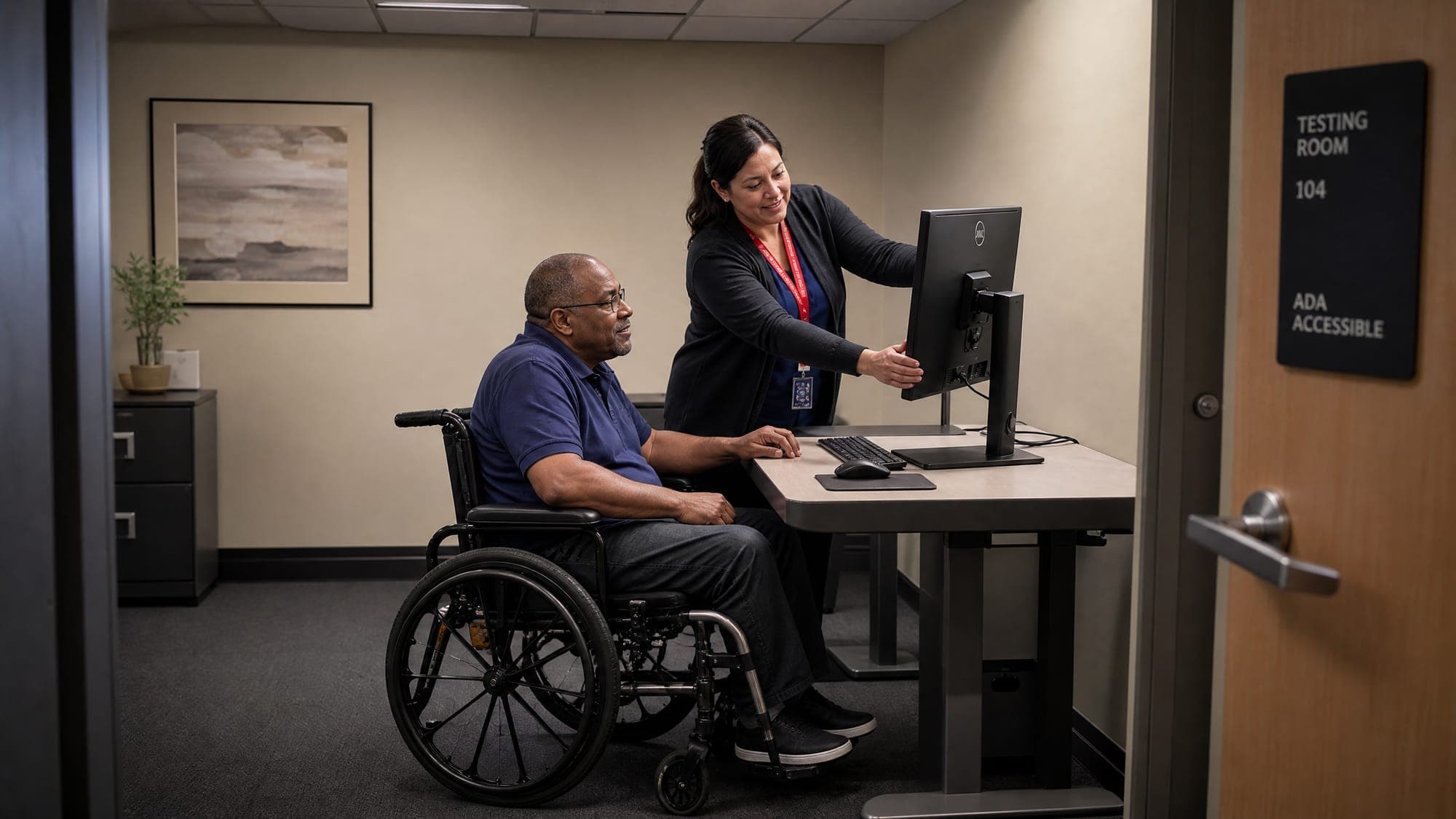 Proctor setting up an ADA-accessible testing room for a candidate using a wheelchair