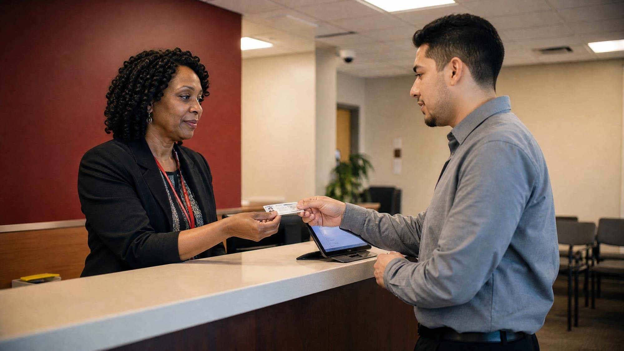 Staff member checking in a candidate at the front desk
