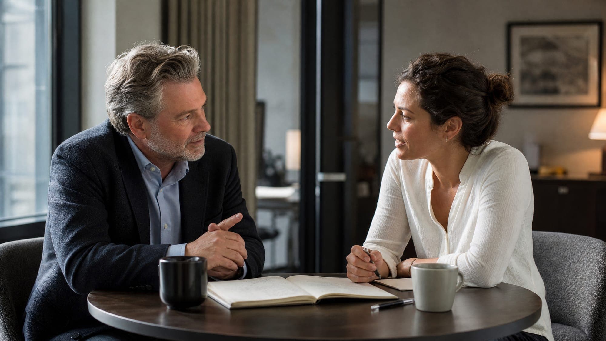 A facilitator coaching a manager one-on-one at a small table by a window