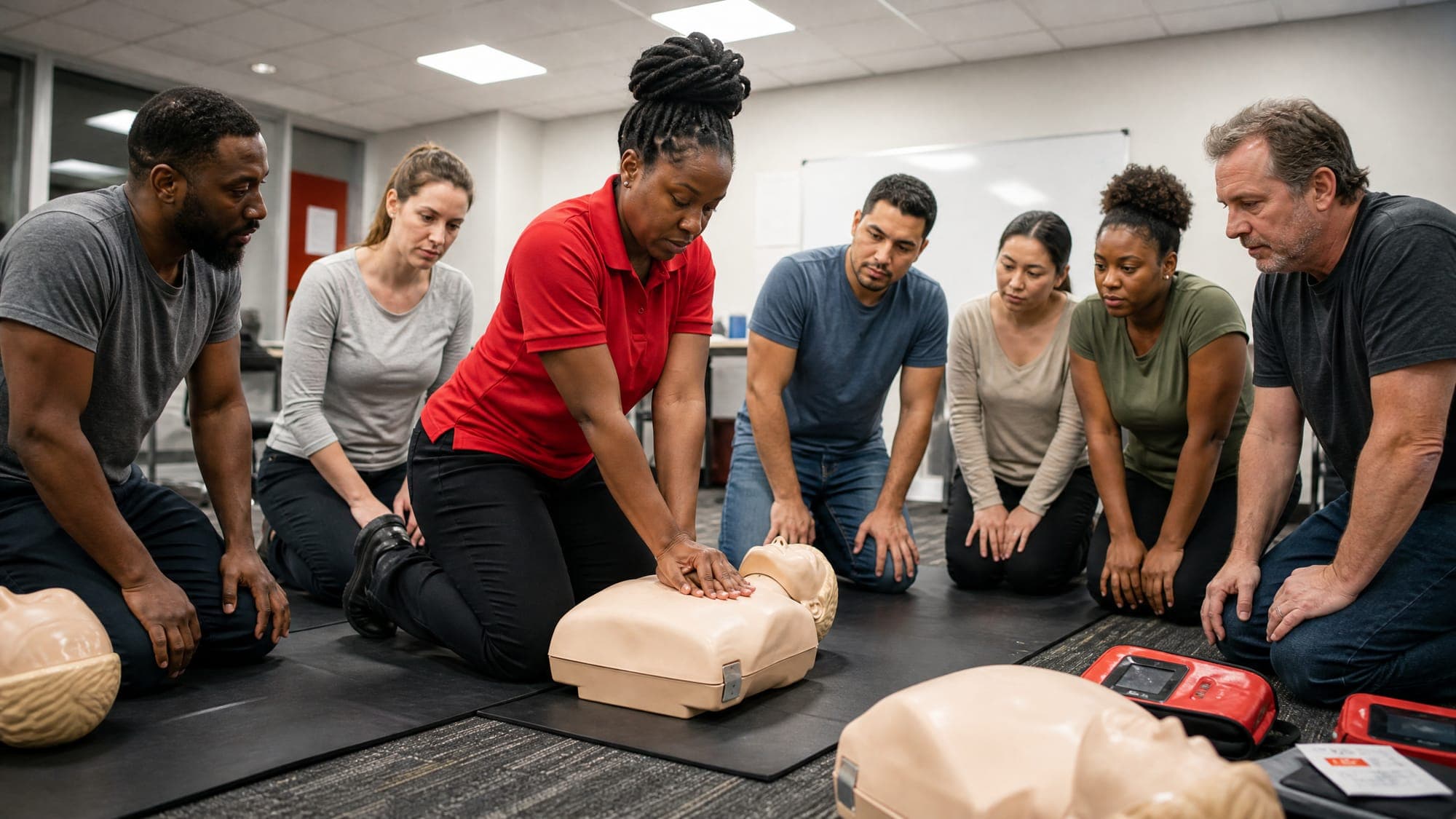 CPR class practicing on manikins with an instructor demonstrating