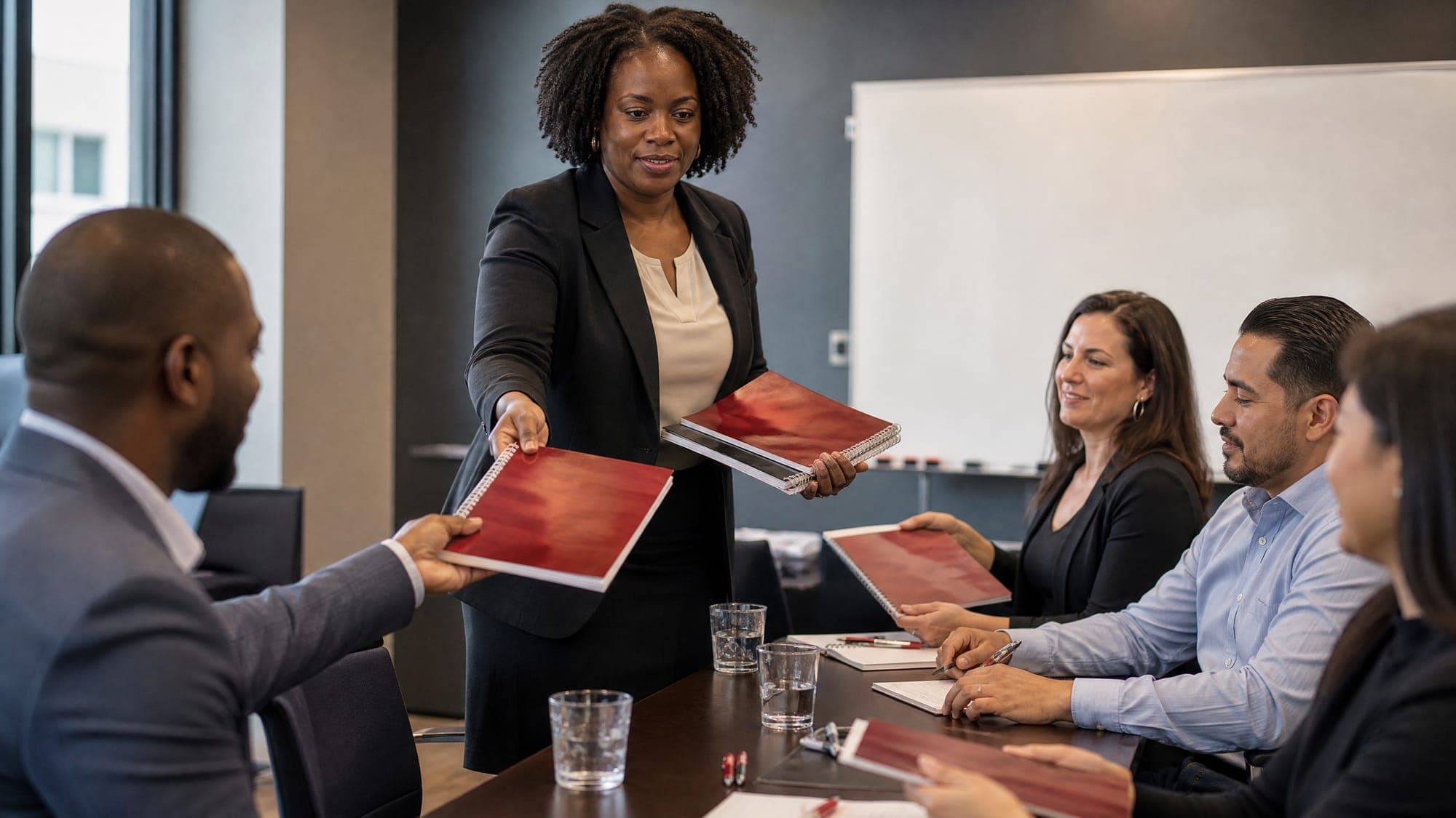 Facilitator handing red workbooks to participants around a conference table