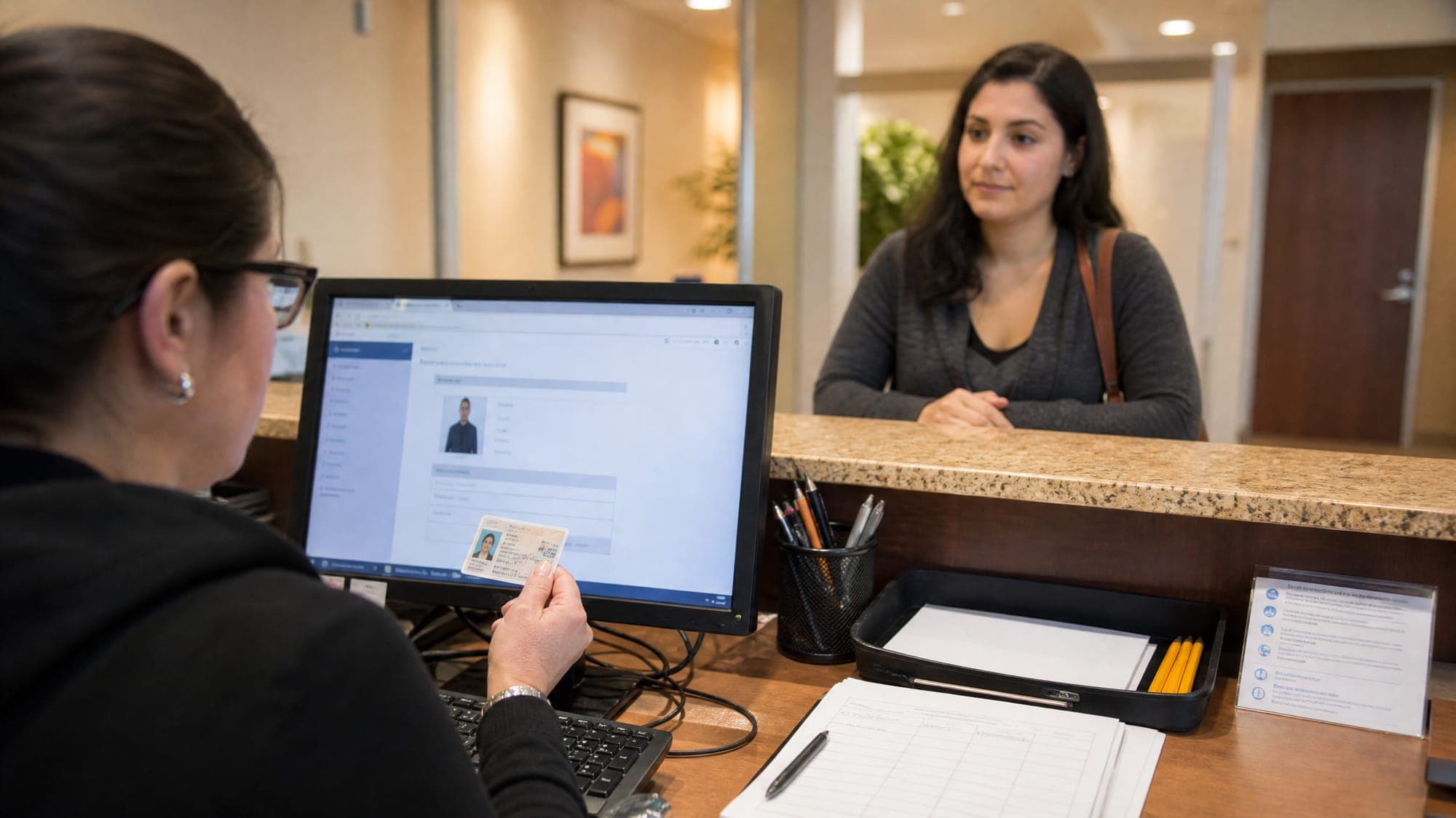 Staff member verifying a candidate’s ID against the registration on screen