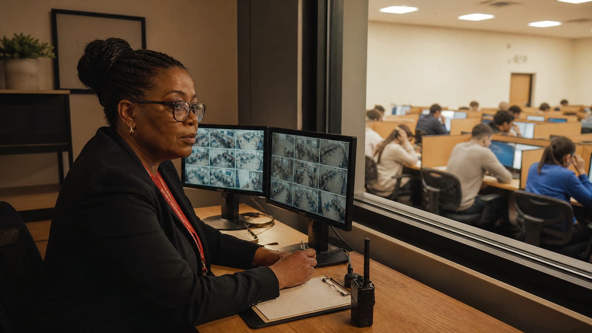 Proctor at a monitoring station overlooking the testing room through an observation window
