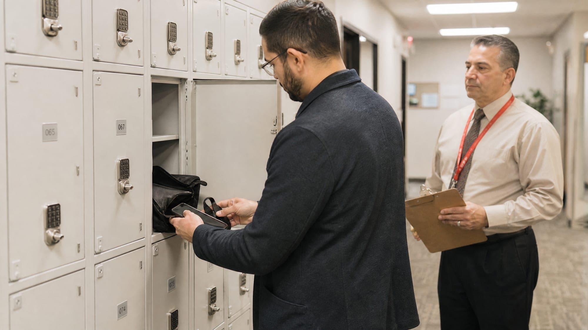 Candidate storing a bag in a secure locker while a proctor stands by