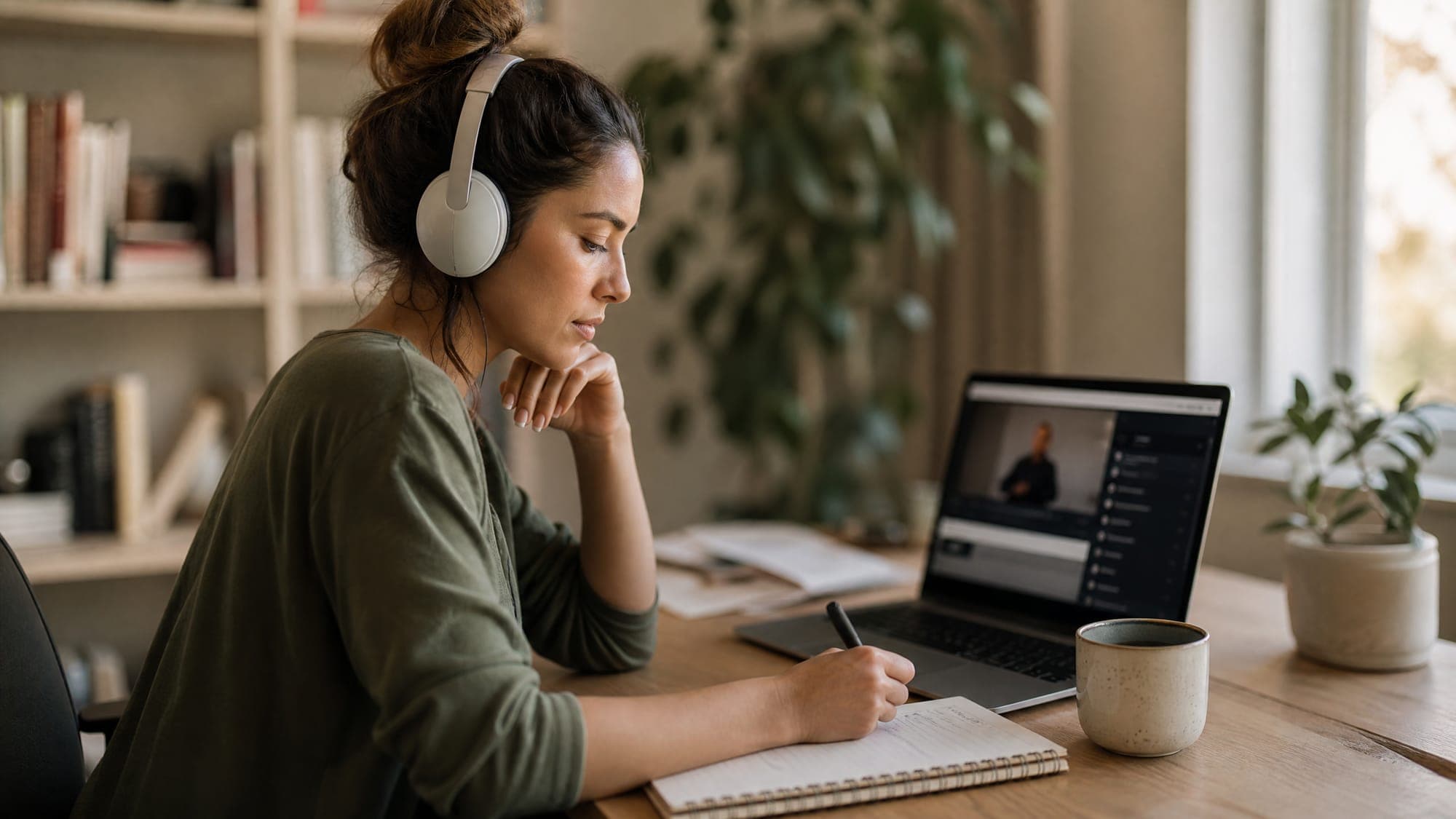 Learner with headphones taking notes while following a video course at home