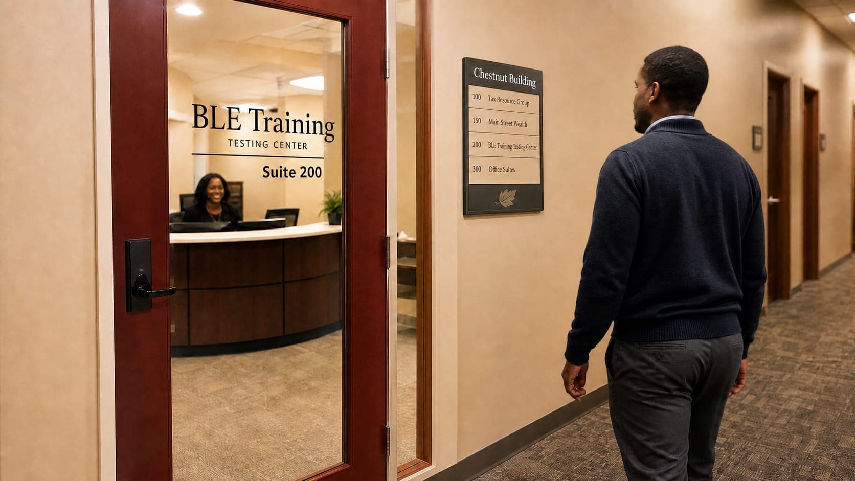 Candidate arriving at a BLE Training testing center suite with a receptionist visible inside