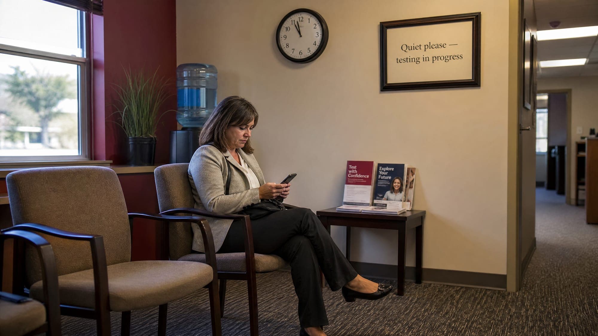 Candidate waiting in a quiet testing-center lobby beneath a “Quiet please — testing in progress” sign