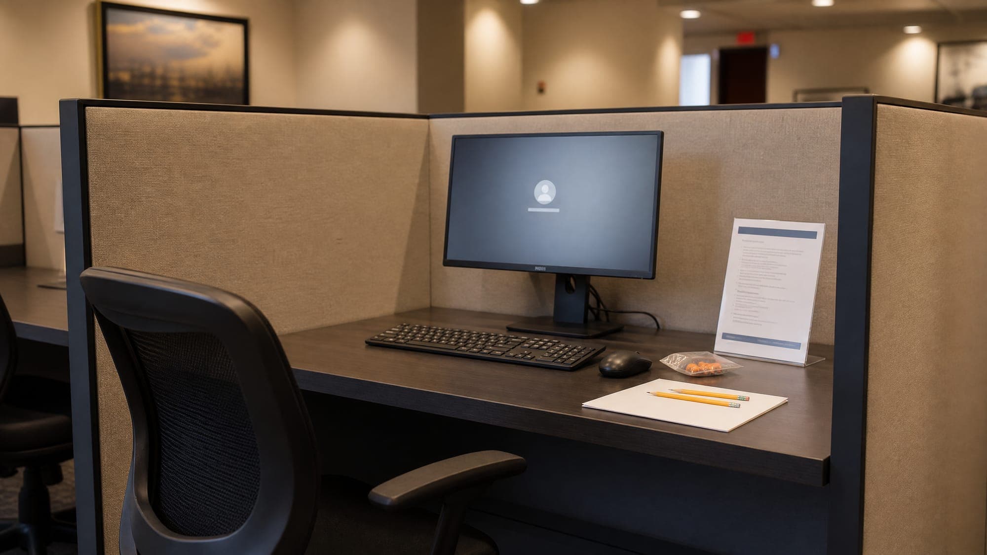 A prepared testing workstation with privacy dividers, earplugs, and scratch paper